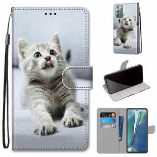 For Samsung Galaxy Note 20 Coloured Drawing Cross Texture Horizontal Flip PU Leather Case with Holder & Card Slots & Wallet & Lanyard(Small Gray Cat)