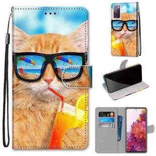 For Samsung Galaxy S20 FE 5G Coloured Drawing Cross Texture Horizontal Flip PU Leather Case with Holder & Card Slots & Wallet & Lanyard(Cat Drinking Soda)