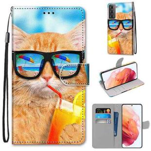 For Samsung Galaxy S21 5G Coloured Drawing Cross Texture Horizontal Flip PU Leather Case with Holder & Card Slots & Wallet & Lanyard(Cat Drinking Soda)