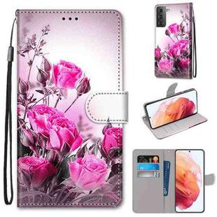 For Samsung Galaxy S21 5G Coloured Drawing Cross Texture Horizontal Flip PU Leather Case with Holder & Card Slots & Wallet & Lanyard(Wild Rose)