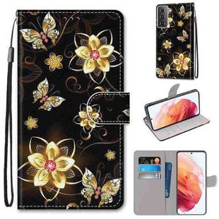 For Samsung Galaxy S21 5G Coloured Drawing Cross Texture Horizontal Flip PU Leather Case with Holder & Card Slots & Wallet & Lanyard(Gold Diamond Butterfly)
