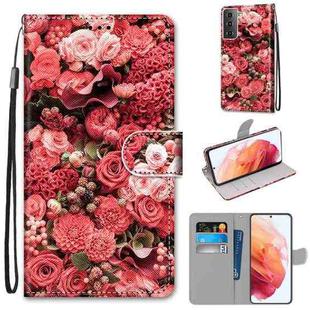 For Samsung Galaxy S21 5G Coloured Drawing Cross Texture Horizontal Flip PU Leather Case with Holder & Card Slots & Wallet & Lanyard(Pink Rose Garden)