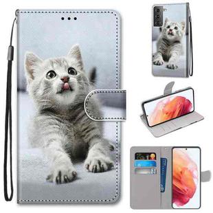 For Samsung Galaxy S21 5G Coloured Drawing Cross Texture Horizontal Flip PU Leather Case with Holder & Card Slots & Wallet & Lanyard(Small Gray Cat)