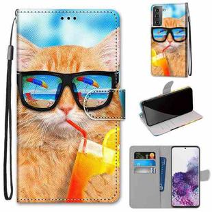 For Samsung Galaxy S21+ 5G Coloured Drawing Cross Texture Horizontal Flip PU Leather Case with Holder & Card Slots & Wallet & Lanyard(Cat Drinking Soda)