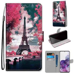 For Samsung Galaxy S21+ 5G Coloured Drawing Cross Texture Horizontal Flip PU Leather Case with Holder & Card Slots & Wallet & Lanyard(Pink Flower Tower Bridge)