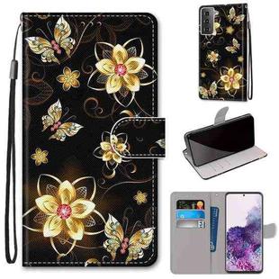 For Samsung Galaxy S21+ 5G Coloured Drawing Cross Texture Horizontal Flip PU Leather Case with Holder & Card Slots & Wallet & Lanyard(Gold Diamond Butterfly)