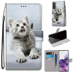 For Samsung Galaxy S21+ 5G Coloured Drawing Cross Texture Horizontal Flip PU Leather Case with Holder & Card Slots & Wallet & Lanyard(Small Gray Cat)