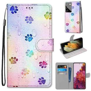 For Samsung Galaxy S21 Ultra 5G Coloured Drawing Cross Texture Horizontal Flip PU Leather Case with Holder & Card Slots & Wallet & Lanyard(Footprint Water Drops)