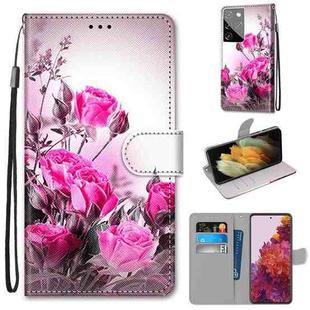 For Samsung Galaxy S21 Ultra 5G Coloured Drawing Cross Texture Horizontal Flip PU Leather Case with Holder & Card Slots & Wallet & Lanyard(Wild Rose)