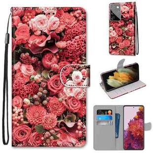 For Samsung Galaxy S21 Ultra 5G Coloured Drawing Cross Texture Horizontal Flip PU Leather Case with Holder & Card Slots & Wallet & Lanyard(Pink Rose Garden)