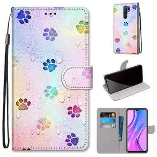 For Xiaomi Redmi 9 Coloured Drawing Cross Texture Horizontal Flip PU Leather Case with Holder & Card Slots & Wallet & Lanyard(Footprint Water Drops)