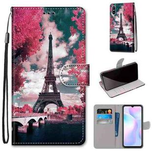 For Xiaomi Redmi 9A Coloured Drawing Cross Texture Horizontal Flip PU Leather Case with Holder & Card Slots & Wallet & Lanyard(Pink Flower Tower Bridge)