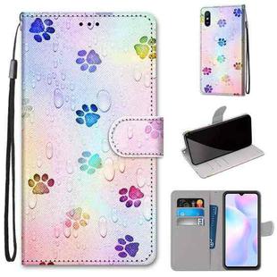 For Xiaomi Redmi 9A Coloured Drawing Cross Texture Horizontal Flip PU Leather Case with Holder & Card Slots & Wallet & Lanyard(Footprint Water Drops)