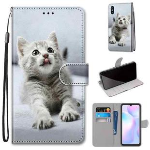 For Xiaomi Redmi 9A Coloured Drawing Cross Texture Horizontal Flip PU Leather Case with Holder & Card Slots & Wallet & Lanyard(Small Gray Cat)