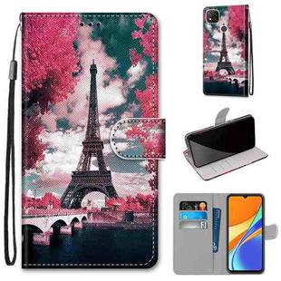 For Xiaomi Redmi 9C Coloured Drawing Cross Texture Horizontal Flip PU Leather Case with Holder & Card Slots & Wallet & Lanyard(Pink Flower Tower Bridge)