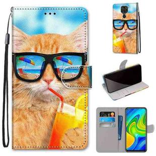 For Xiaomi Redmi 10X 4G / Note 9 Coloured Drawing Cross Texture Horizontal Flip PU Leather Case with Holder & Card Slots & Wallet & Lanyard(Cat Drinking Soda)