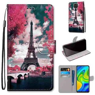 For Xiaomi Redmi 10X 4G / Note 9 Coloured Drawing Cross Texture Horizontal Flip PU Leather Case with Holder & Card Slots & Wallet & Lanyard(Pink Flower Tower Bridge)