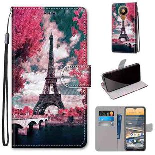 For Nokia 5.3 Coloured Drawing Cross Texture Horizontal Flip PU Leather Case with Holder & Card Slots & Wallet & Lanyard(Pink Flower Tower Bridge)