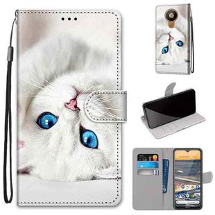 For Nokia 5.3 Coloured Drawing Cross Texture Horizontal Flip PU Leather Case with Holder & Card Slots & Wallet & Lanyard(White Kitten)