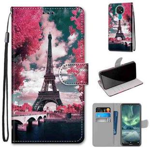 For Nokia 7.2 Coloured Drawing Cross Texture Horizontal Flip PU Leather Case with Holder & Card Slots & Wallet & Lanyard(Pink Flower Tower Bridge)