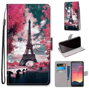 For Nokia C2 Coloured Drawing Cross Texture Horizontal Flip PU Leather Case with Holder & Card Slots & Wallet & Lanyard(Pink Flower Tower Bridge)