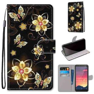 For Nokia C2 Coloured Drawing Cross Texture Horizontal Flip PU Leather Case with Holder & Card Slots & Wallet & Lanyard(Gold Diamond Butterfly)
