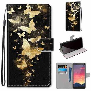 For Nokia C2 Coloured Drawing Cross Texture Horizontal Flip PU Leather Case with Holder & Card Slots & Wallet & Lanyard(Golden Butterfly Group)
