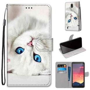 For Nokia C2 Coloured Drawing Cross Texture Horizontal Flip PU Leather Case with Holder & Card Slots & Wallet & Lanyard(White Kitten)