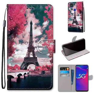 For ZTE Axon 11 SE 5G Coloured Drawing Cross Texture Horizontal Flip PU Leather Case with Holder & Card Slots & Wallet & Lanyard(Pink Flower Tower Bridge)