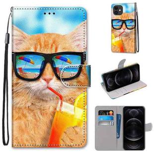 For iPhone 12 mini Coloured Drawing Cross Texture Horizontal Flip Leather Case with Holder & Card Slots & Wallet & Lanyard(Cat Drinking Soda)