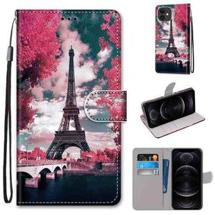For iPhone 12 mini Coloured Drawing Cross Texture Horizontal Flip Leather Case with Holder & Card Slots & Wallet & Lanyard(Pink Flower Tower Bridge)