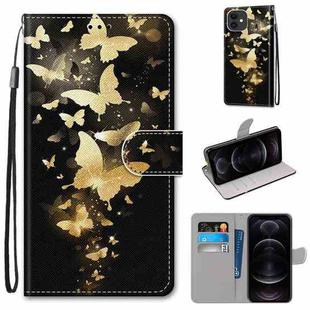 For iPhone 12 For iPhone 12 mini Coloured Drawing Cross Texture Horizontal Flip Leather Case with Holder & Card Slots & Wallet & Lanyard(Golden Butterfly Group)