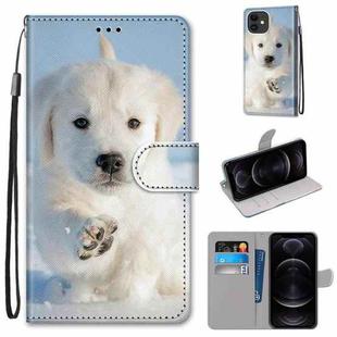 For iPhone 12 / 12 Pro Coloured Drawing Cross Texture Horizontal Flip PU Leather Case with Holder & Card Slots & Wallet & Lanyard(Snow Puppy)