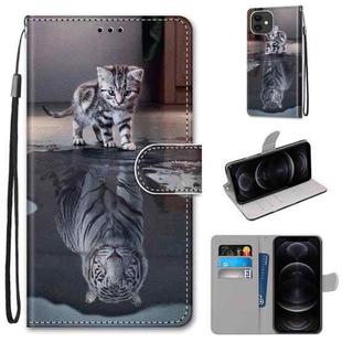 For iPhone 12 / 12 Pro Coloured Drawing Cross Texture Horizontal Flip PU Leather Case with Holder & Card Slots & Wallet & Lanyard(Cat Becomes Tiger)