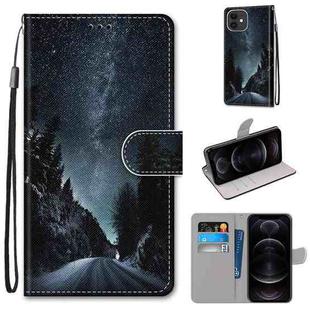 For iPhone 12 / 12 Pro Coloured Drawing Cross Texture Horizontal Flip PU Leather Case with Holder & Card Slots & Wallet & Lanyard(Mountain Road Starry Sky)