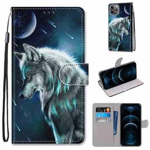 For iPhone 12 Pro Max Coloured Drawing Cross Texture Horizontal Flip PU Leather Case with Holder & Card Slots & Wallet & Lanyard(Contemplative Wolf)