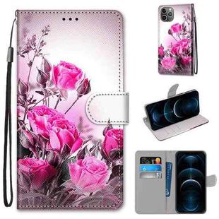 For iPhone 12 Pro Max Coloured Drawing Cross Texture Horizontal Flip PU Leather Case with Holder & Card Slots & Wallet & Lanyard(Wild Rose)