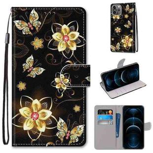 For iPhone 12 Pro Max Coloured Drawing Cross Texture Horizontal Flip PU Leather Case with Holder & Card Slots & Wallet & Lanyard(Gold Diamond Butterfly)