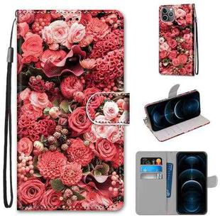 For iPhone 12 Pro Max Coloured Drawing Cross Texture Horizontal Flip PU Leather Case with Holder & Card Slots & Wallet & Lanyard(Pink Rose Garden)