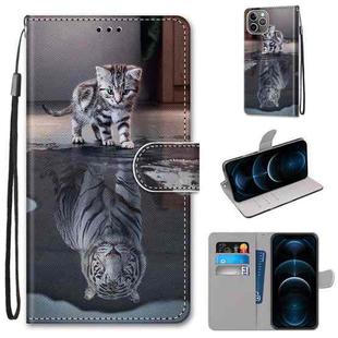 For iPhone 12 Pro Max Coloured Drawing Cross Texture Horizontal Flip PU Leather Case with Holder & Card Slots & Wallet & Lanyard(Cat Becomes Tiger)