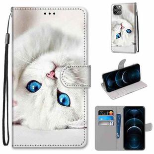 For iPhone 12 Pro Max Coloured Drawing Cross Texture Horizontal Flip PU Leather Case with Holder & Card Slots & Wallet & Lanyard(White Kitten)