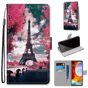 For LG Velvet Coloured Drawing Cross Texture Horizontal Flip PU Leather Case with Holder & Card Slots & Wallet & Lanyard(Pink Flower Tower Bridge)