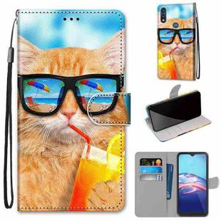 For Motorola Moto E (2020) Coloured Drawing Cross Texture Horizontal Flip PU Leather Case with Holder & Card Slots & Wallet & Lanyard(Cat Drinking Soda)