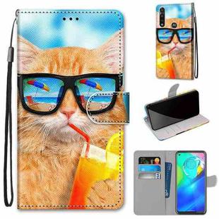 For Motorola Moto G Power (2020) Coloured Drawing Cross Texture Horizontal Flip PU Leather Case with Holder & Card Slots & Wallet & Lanyard(Cat Drinking Soda)