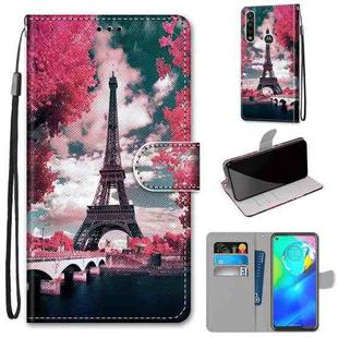 For Motorola Moto G Power (2020) Coloured Drawing Cross Texture Horizontal Flip PU Leather Case with Holder & Card Slots & Wallet & Lanyard(Pink Flower Tower Bridge)