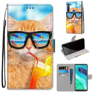For Motorola Moto G8 Coloured Drawing Cross Texture Horizontal Flip PU Leather Case with Holder & Card Slots & Wallet & Lanyard(Cat Drinking Soda)