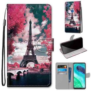 For Motorola Moto G8 Coloured Drawing Cross Texture Horizontal Flip PU Leather Case with Holder & Card Slots & Wallet & Lanyard(Pink Flower Tower Bridge)