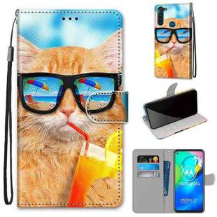 For Motorola Moto G8 Power Coloured Drawing Cross Texture Horizontal Flip PU Leather Case with Holder & Card Slots & Wallet & Lanyard(Cat Drinking Soda)