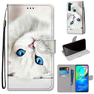 For Motorola Moto G8 Power Coloured Drawing Cross Texture Horizontal Flip PU Leather Case with Holder & Card Slots & Wallet & Lanyard(White Kitten)