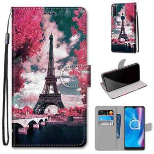 For Alcatel 1SE 2020 Coloured Drawing Cross Texture Horizontal Flip PU Leather Case with Holder & Card Slots & Wallet & Lanyard(Pink Flower Tower Bridge)